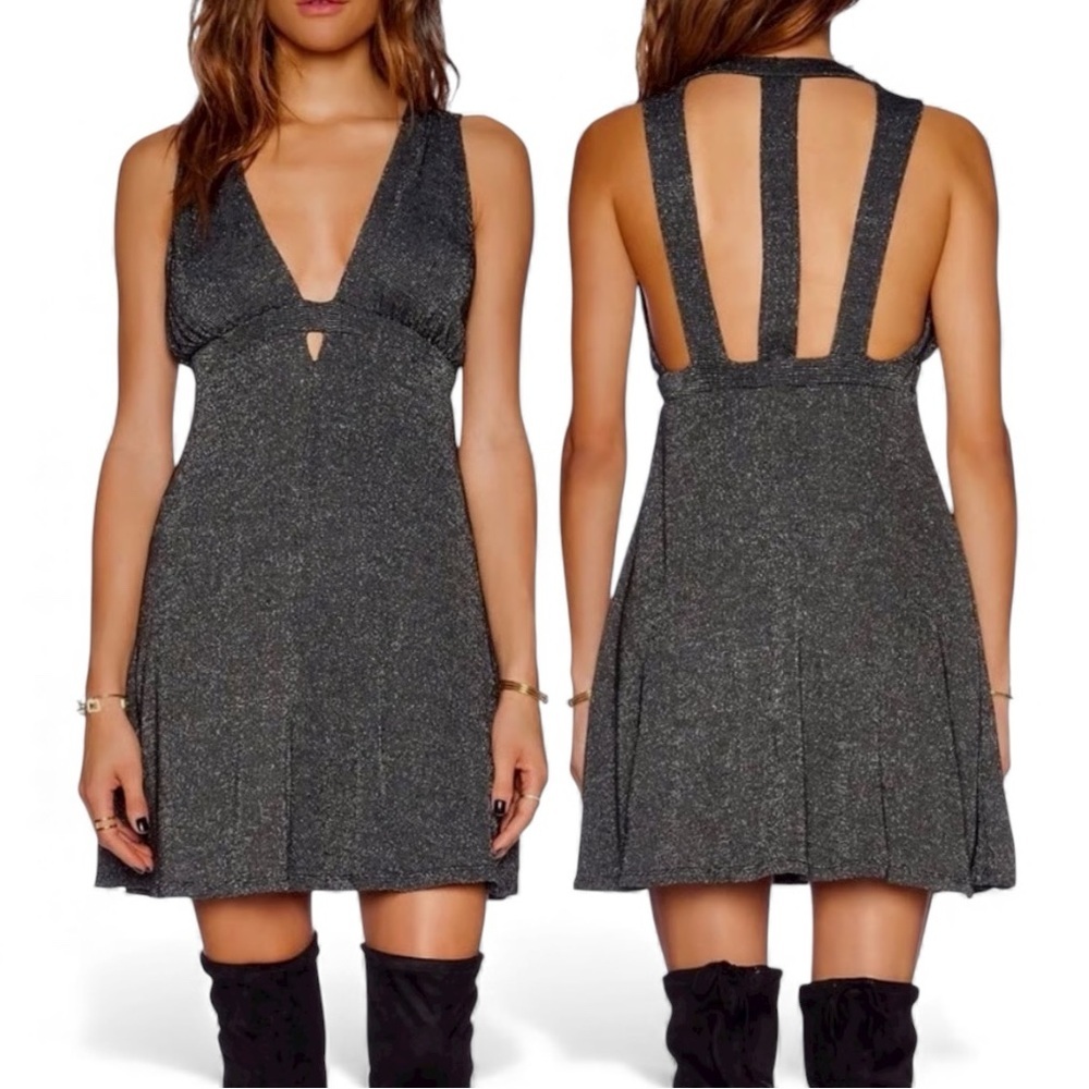 Free People Dance of The Night Black Metallic Knit Deep V Cutout Mini Club Dress